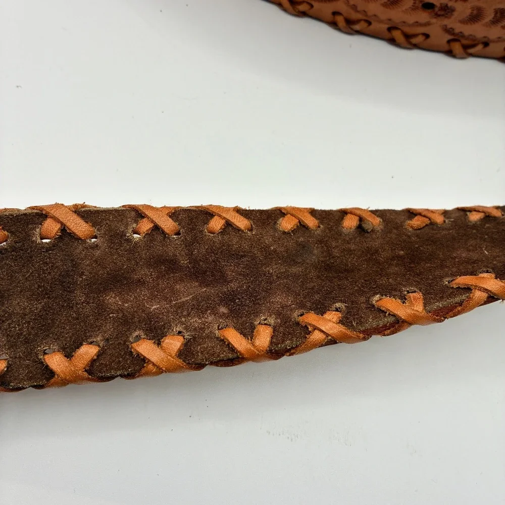 Vintage Hand Tooled Leather Belt Mens 38 Tan Whipstitch Western Boho Cutout